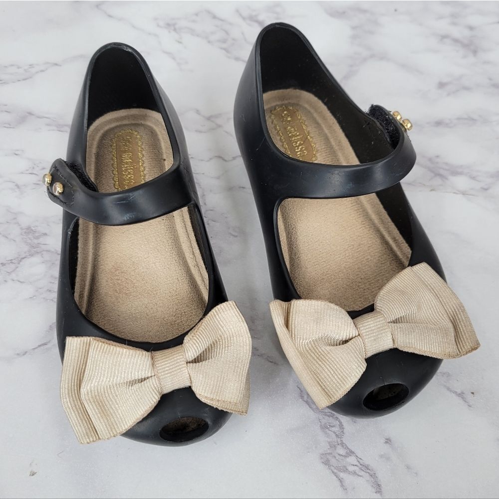 Mini Melissa Peep Toe Black Mary Jane Kids Shoes with Bow Rubber Jelly Dress